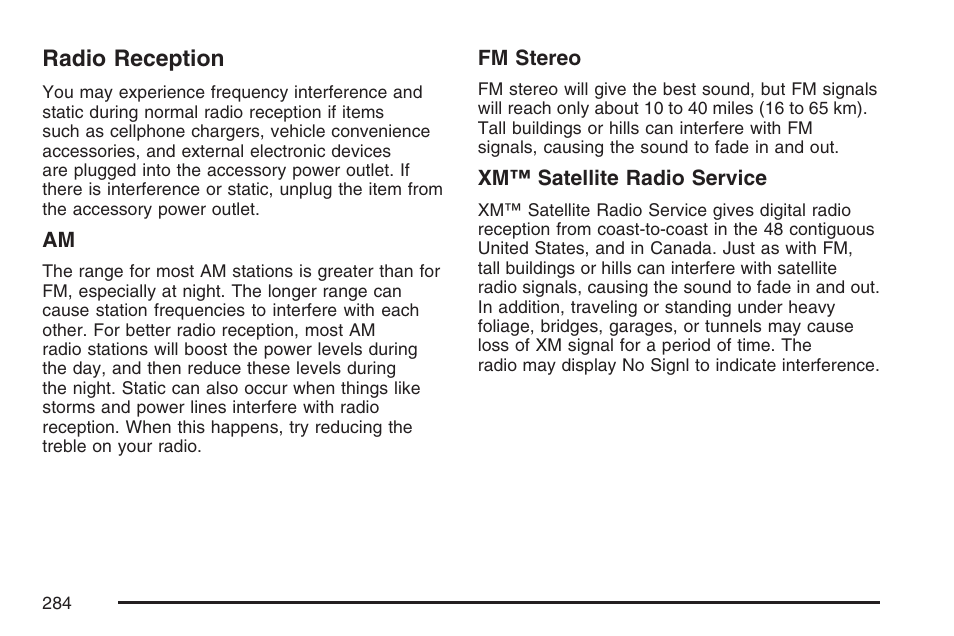 Radio reception | Cadillac CTS User Manual | Page 284 / 518