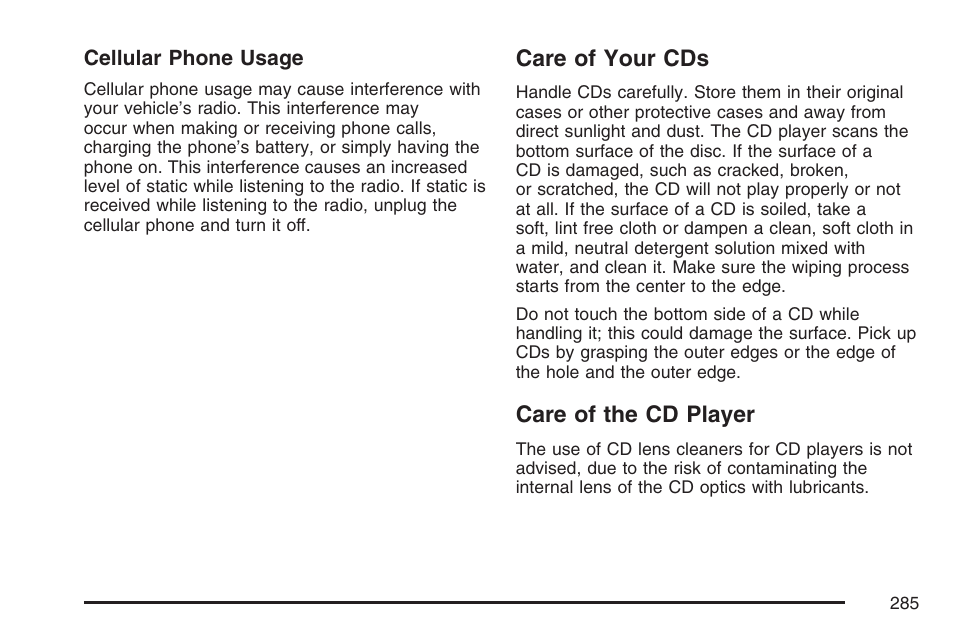 Care of your cds, Care of the cd player, Care of your cds care of the cd player | Cadillac CTS User Manual | Page 285 / 518