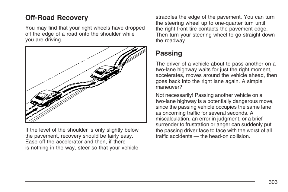 Off-road recovery, Passing, Off-road recovery passing | Cadillac CTS User Manual | Page 303 / 518