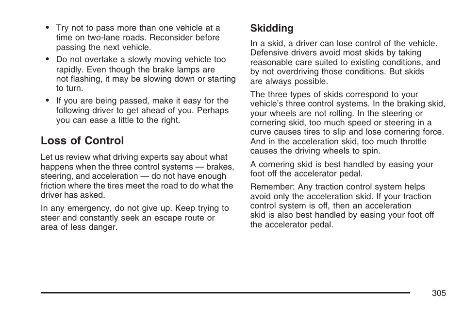 Loss of control | Cadillac CTS User Manual | Page 305 / 518
