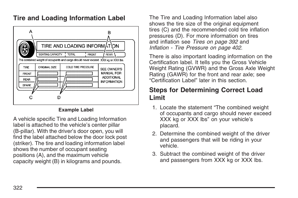 Tire and loading information label, Steps for determining correct load limit | Cadillac CTS User Manual | Page 322 / 518