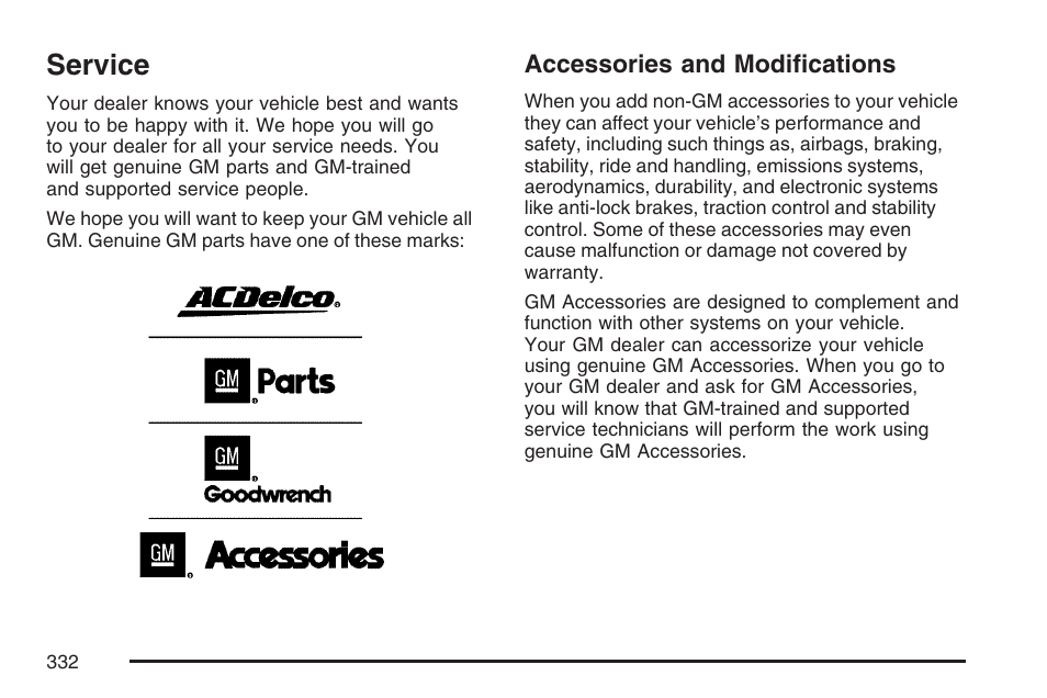 Service, Accessories and modifications | Cadillac CTS User Manual | Page 332 / 518