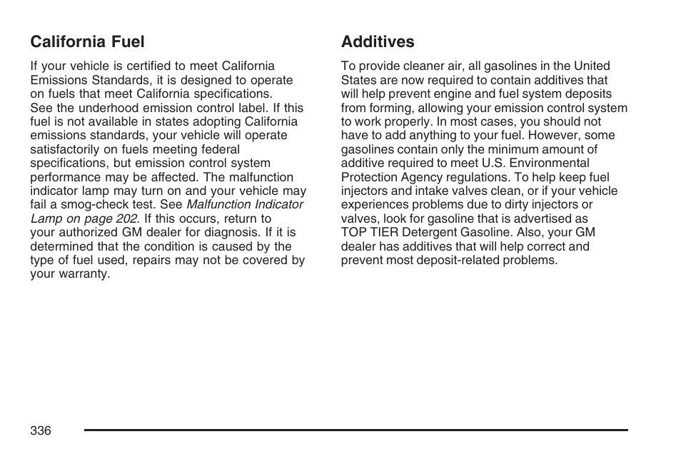 California fuel, Additives, California fuel additives | Cadillac CTS User Manual | Page 336 / 518