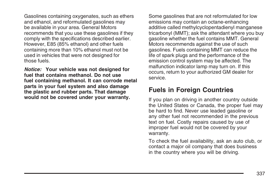 Fuels in foreign countries | Cadillac CTS User Manual | Page 337 / 518