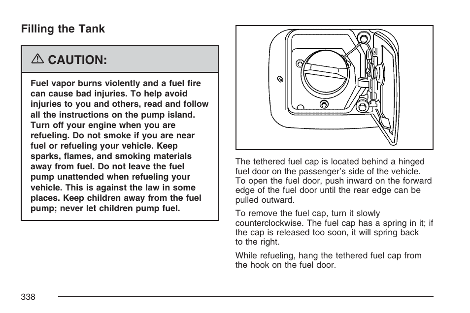 Filling the tank, Caution | Cadillac CTS User Manual | Page 338 / 518
