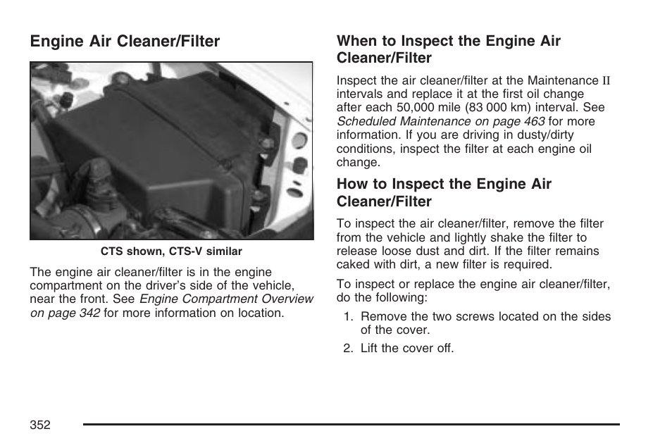 Engine air cleaner/filter, Engine air, Cleaner/filter | Cadillac CTS User Manual | Page 352 / 518