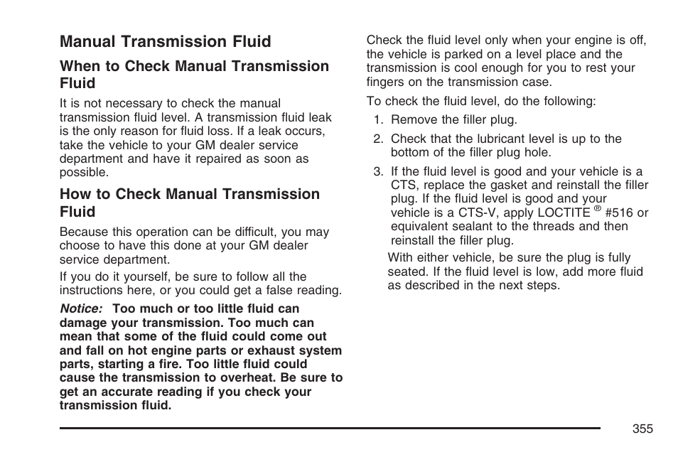 Manual transmission fluid, When to check manual transmission fluid, How to check manual transmission fluid | Cadillac CTS User Manual | Page 355 / 518
