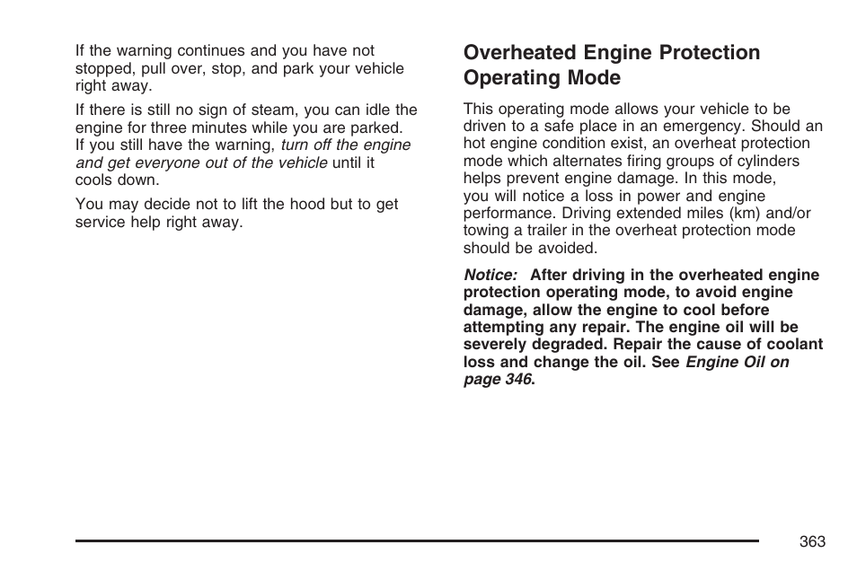 Overheated engine protection operating mode, Overheated engine protection, Operating mode | Cadillac CTS User Manual | Page 363 / 518