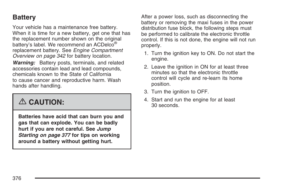 Battery, Caution | Cadillac CTS User Manual | Page 376 / 518
