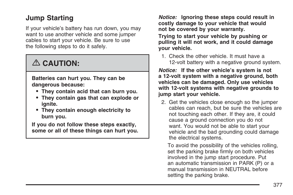 Jump starting, Caution | Cadillac CTS User Manual | Page 377 / 518