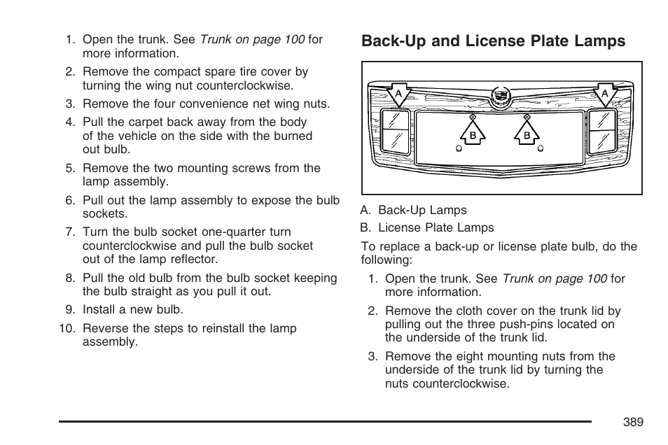 Back-up and license plate lamps | Cadillac CTS User Manual | Page 389 / 518