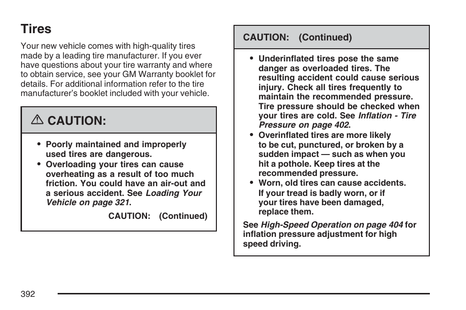 Tires, Caution | Cadillac CTS User Manual | Page 392 / 518