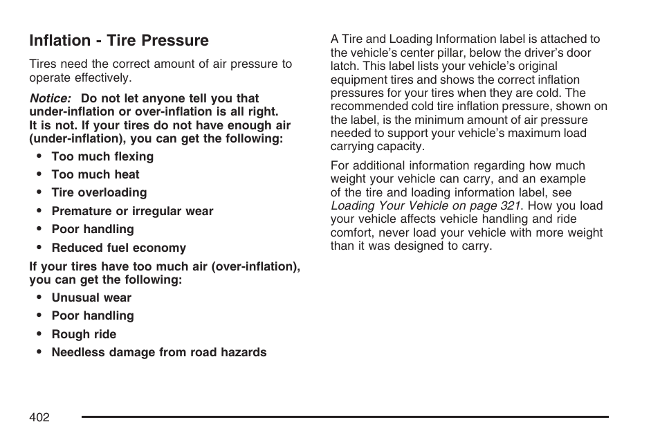 Inflation - tire pressure | Cadillac CTS User Manual | Page 402 / 518