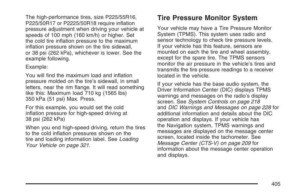 Tire pressure monitor system | Cadillac CTS User Manual | Page 405 / 518