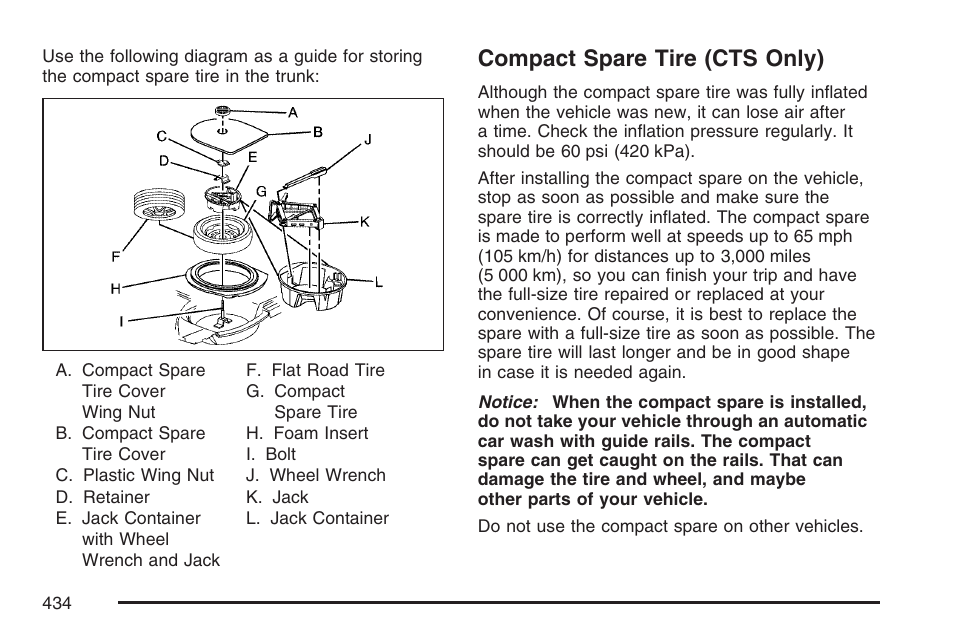 Compact spare tire (cts only) | Cadillac CTS User Manual | Page 434 / 518