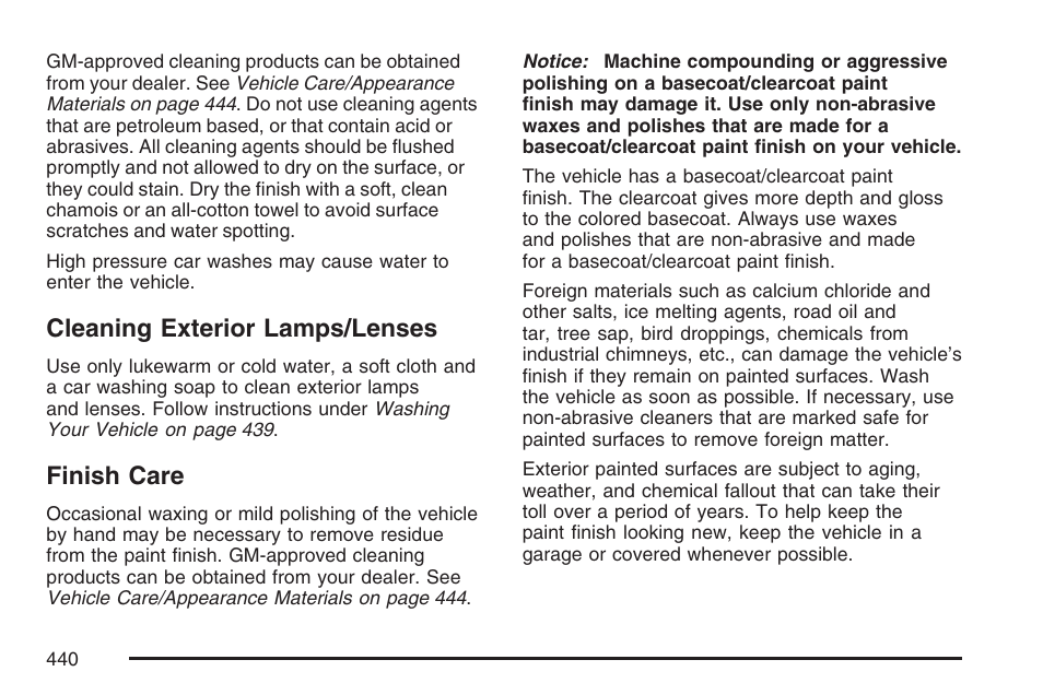 Cleaning exterior lamps/lenses, Finish care, Cleaning exterior lamps/lenses finish care | Cadillac CTS User Manual | Page 440 / 518