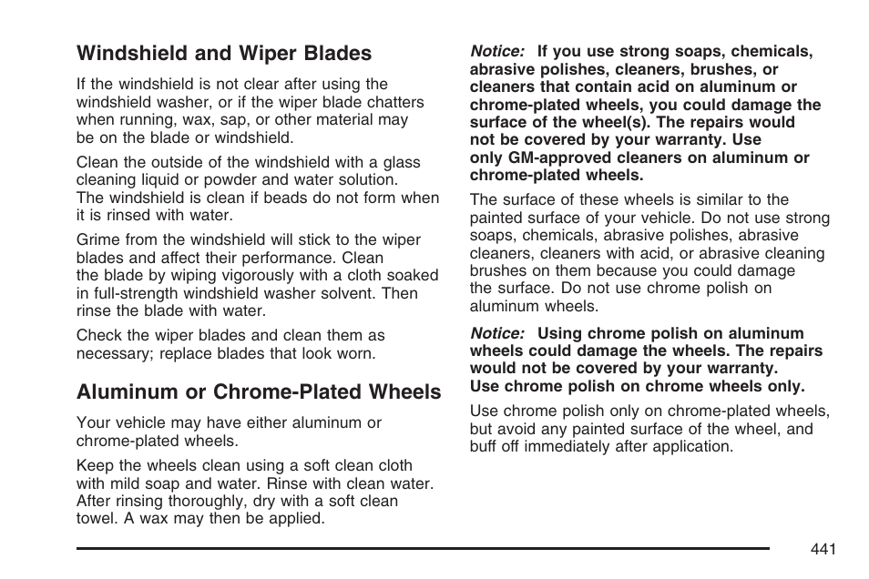 Windshield and wiper blades, Aluminum or chrome-plated wheels | Cadillac CTS User Manual | Page 441 / 518