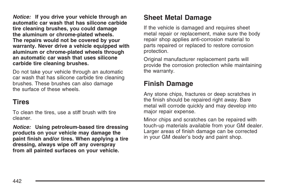 Tires, Sheet metal damage, Finish damage | Tires sheet metal damage finish damage | Cadillac CTS User Manual | Page 442 / 518
