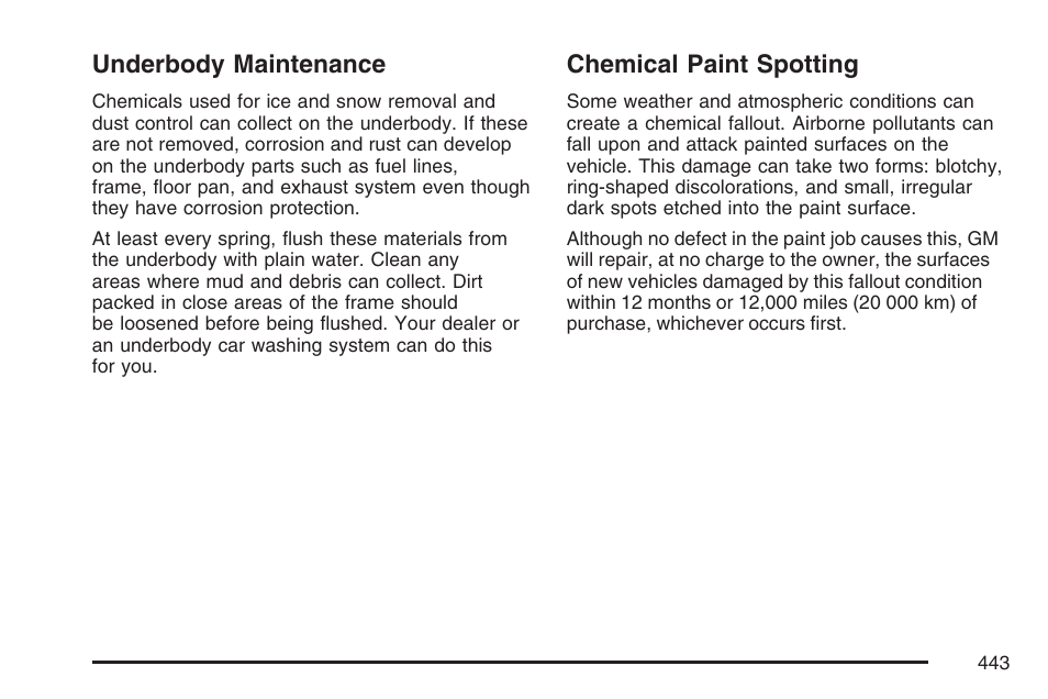 Underbody maintenance, Chemical paint spotting, Underbody maintenance chemical paint spotting | Cadillac CTS User Manual | Page 443 / 518