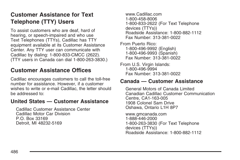 Customer assistance for text telephone (tty) users, Customer assistance offices, Customer assistance for text | Telephone (tty) users | Cadillac CTS User Manual | Page 486 / 518