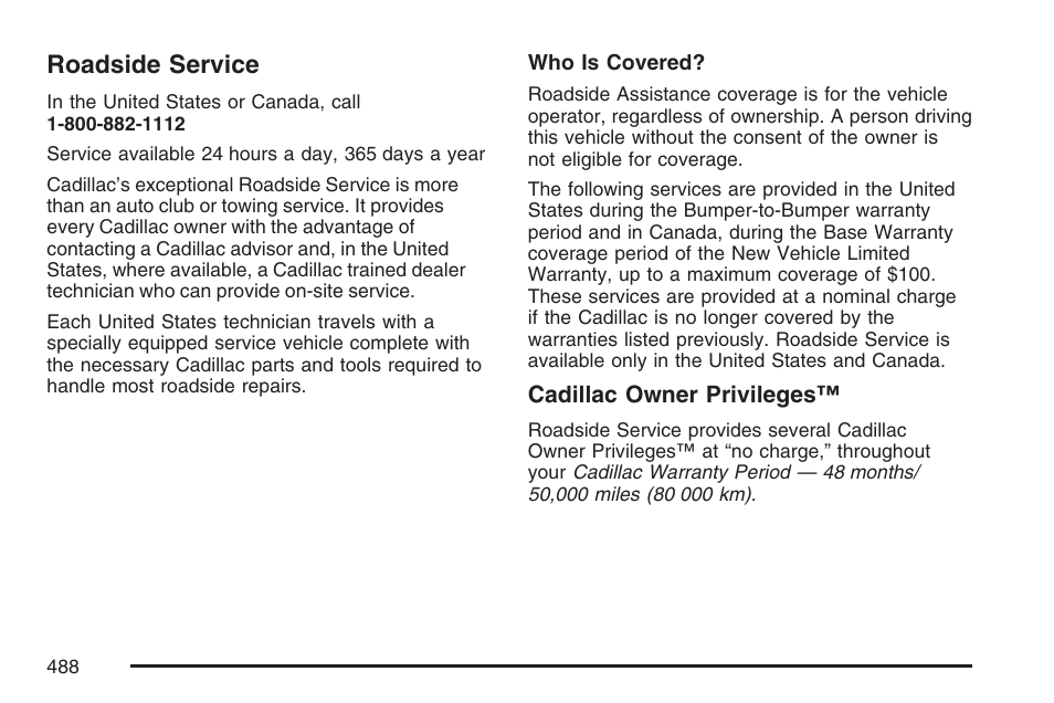 Roadside service | Cadillac CTS User Manual | Page 488 / 518