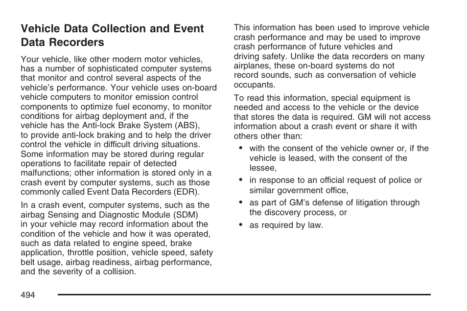 Vehicle data collection and event data recorders, Vehicle data collection and event data, Recorders | Cadillac CTS User Manual | Page 494 / 518