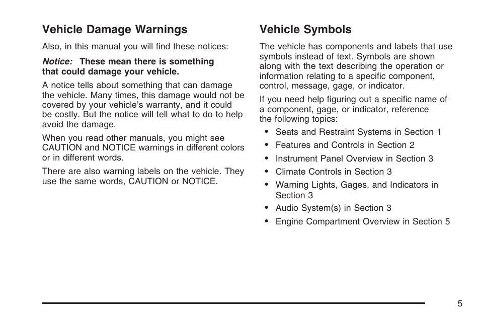 Vehicle damage warnings, Vehicle symbols | Cadillac CTS User Manual | Page 5 / 518