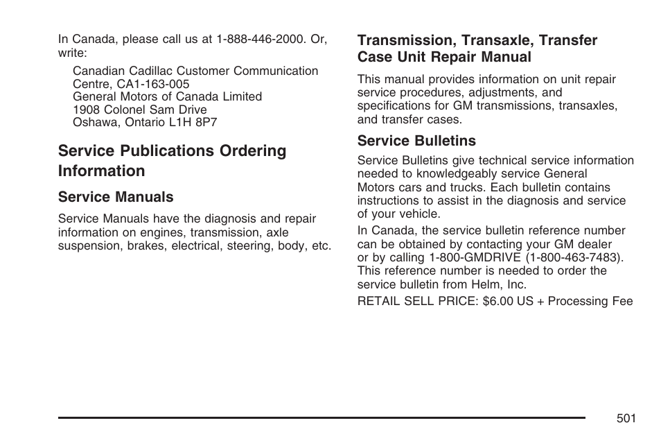 Service publications ordering information, Service publications ordering, Information | Cadillac CTS User Manual | Page 501 / 518