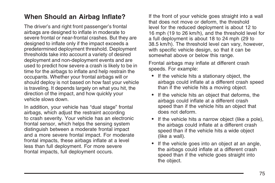 When should an airbag inflate | Cadillac CTS User Manual | Page 75 / 518