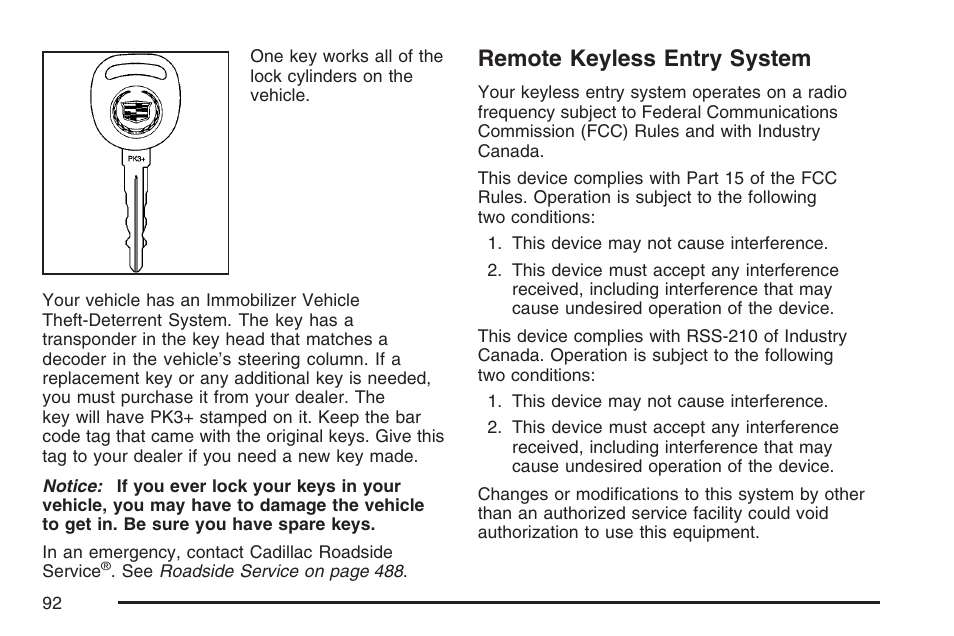 Remote keyless entry system | Cadillac CTS User Manual | Page 92 / 518