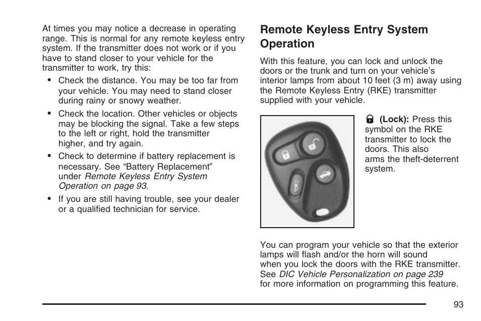 Remote keyless entry system operation | Cadillac CTS User Manual | Page 93 / 518