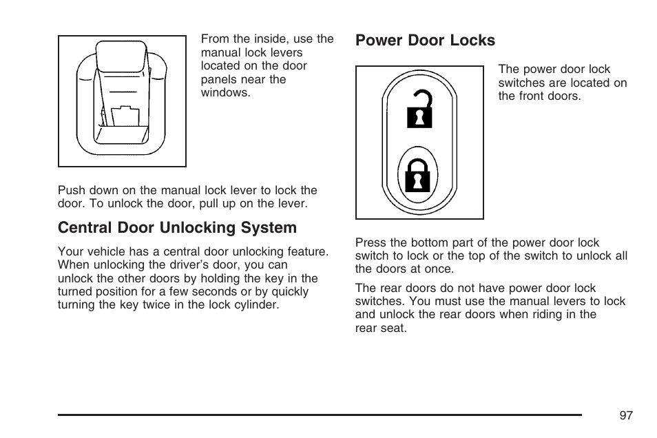 Central door unlocking system, Power door locks, Central door unlocking system power door locks | Cadillac CTS User Manual | Page 97 / 518