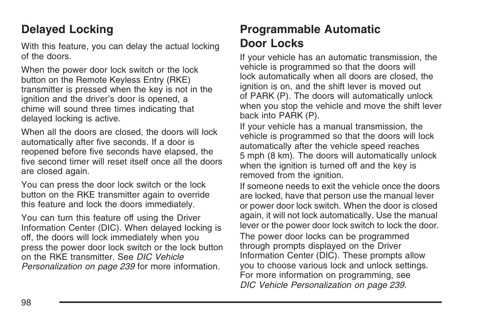 Delayed locking, Programmable automatic door locks, Delayed locking programmable automatic door locks | Cadillac CTS User Manual | Page 98 / 518
