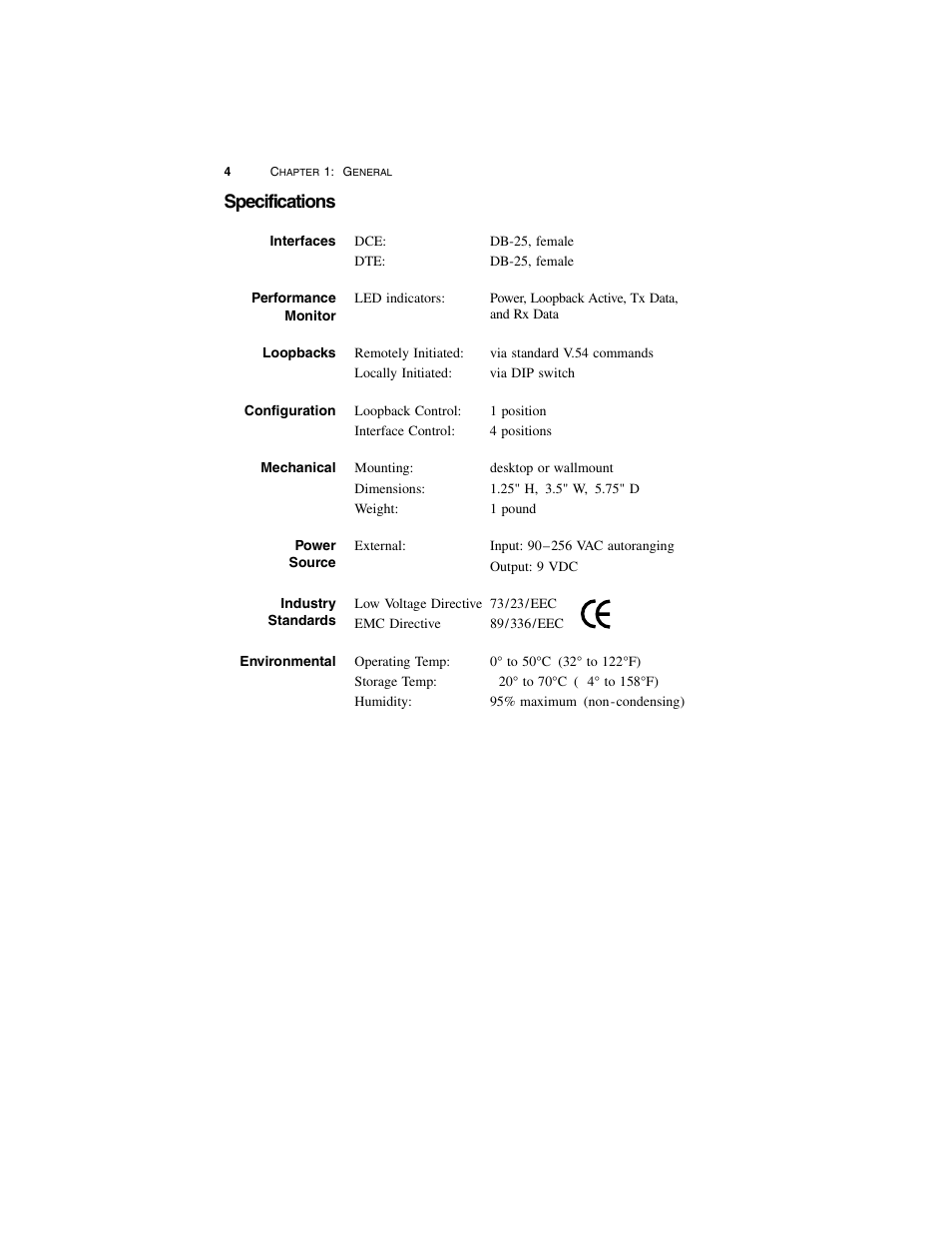 Specifications, Interfaces, Performance monitor | Loopbacks, Configuration, Mechanical, Power source, Industry standards, Environmental | Verilink S Lite (34-00297.2) Product Manual User Manual | Page 10 / 16