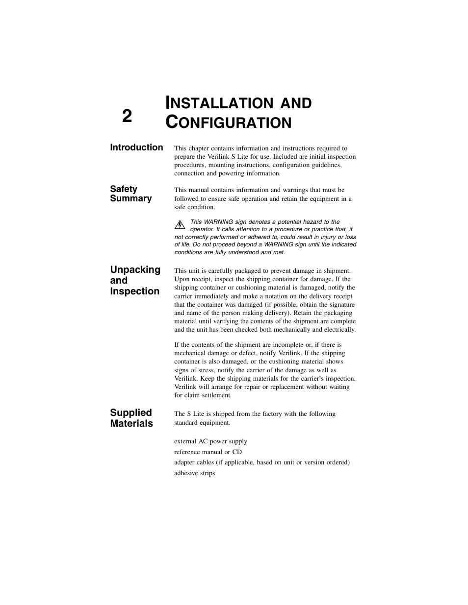 Introduction, Safety summary, 2 installation | Configuration, Introduction safety summary, Nstallation, Onfiguration | Verilink S Lite (34-00297.2) Product Manual User Manual | Page 11 / 16