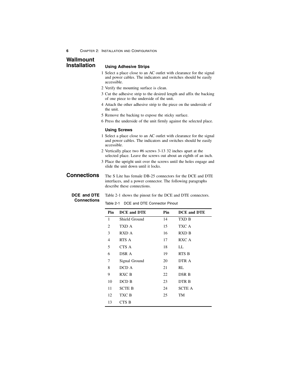 Wallmount installation, Using adhesive strips, Using screws | Connections, Dceand dte connections, Using adhesive strips using screws, Dce and dte connections | Verilink S Lite (34-00297.2) Product Manual User Manual | Page 12 / 16