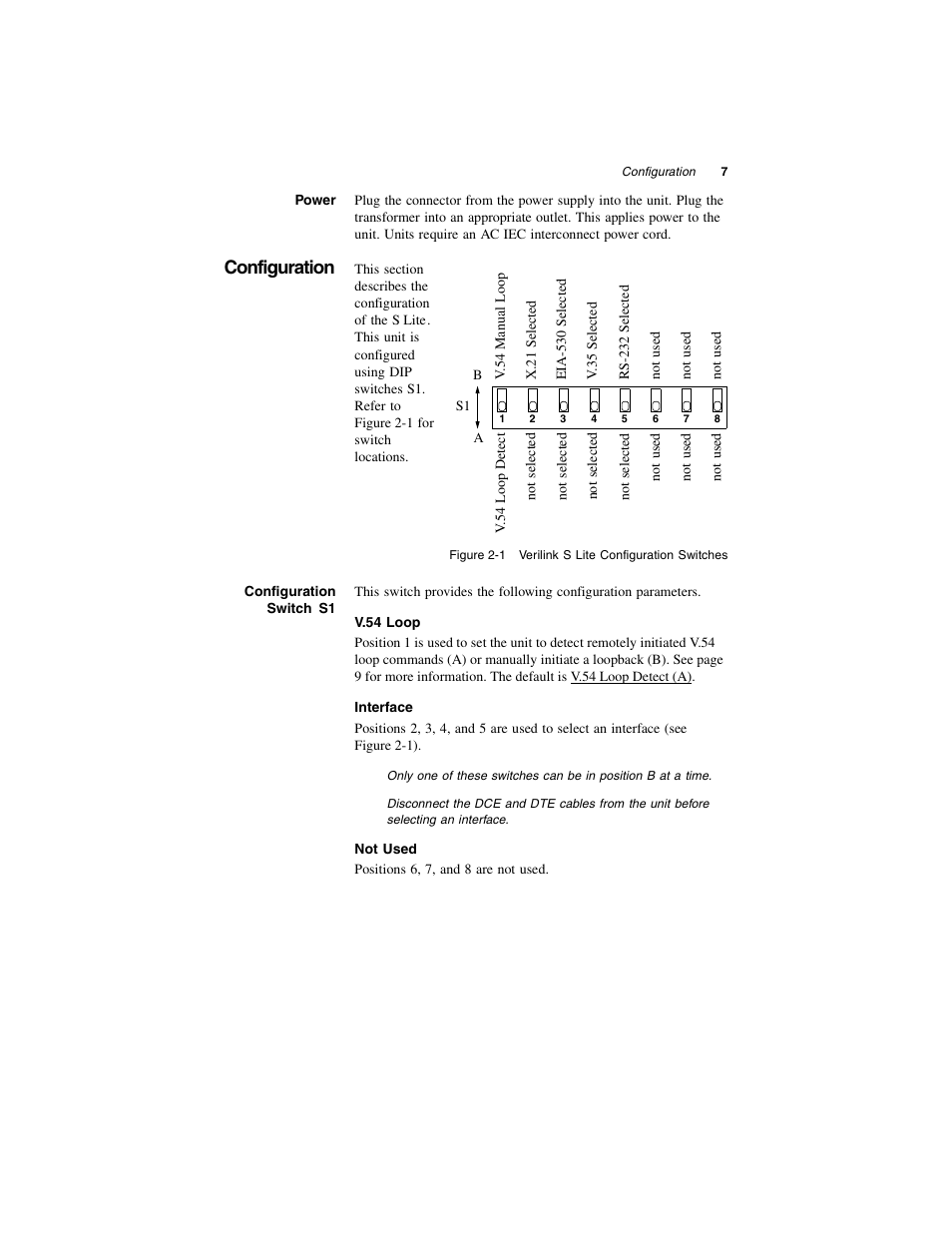 Power, Configuration, Configuration switchs1 | V.54 loop, Interface, Not used, Configuration switch s1, V.54 loop interface not used | Verilink S Lite (34-00297.2) Product Manual User Manual | Page 13 / 16