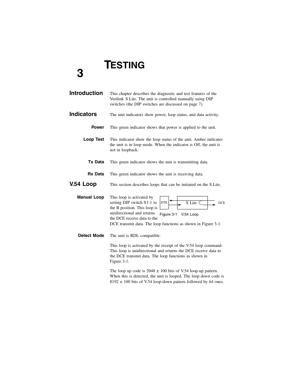 Introduction, Indicators, Power | Loop test, Tx data, Rx data, V.54 loop, Manual loop, Detect mode, 3 testing | Verilink S Lite (34-00297.2) Product Manual User Manual | Page 15 / 16