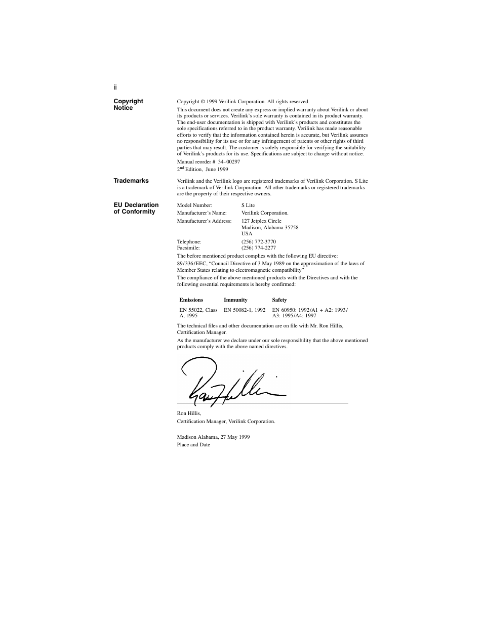 Copyright notice, Trademarks, Eu declaration of conformity | Verilink S Lite (34-00297.2) Product Manual User Manual | Page 2 / 16