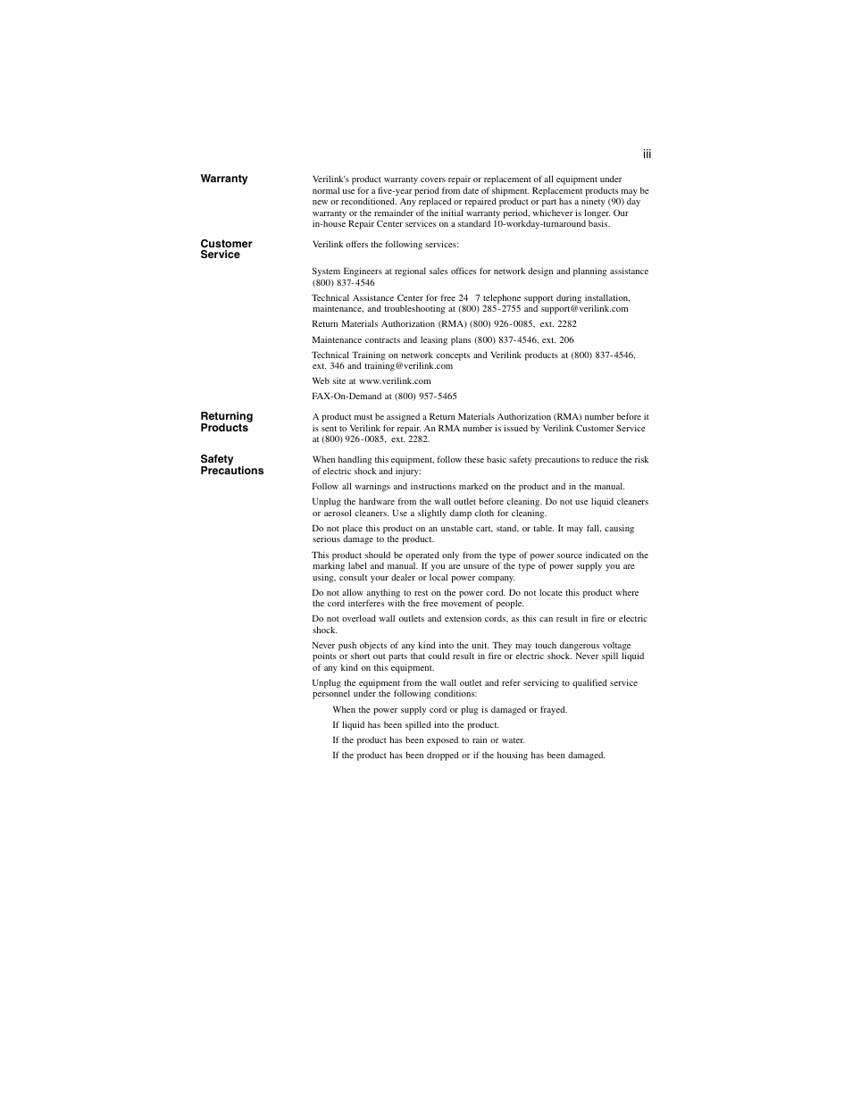 Warranty, Customer service, Returning products | Safety precautions | Verilink S Lite (34-00297.2) Product Manual User Manual | Page 3 / 16