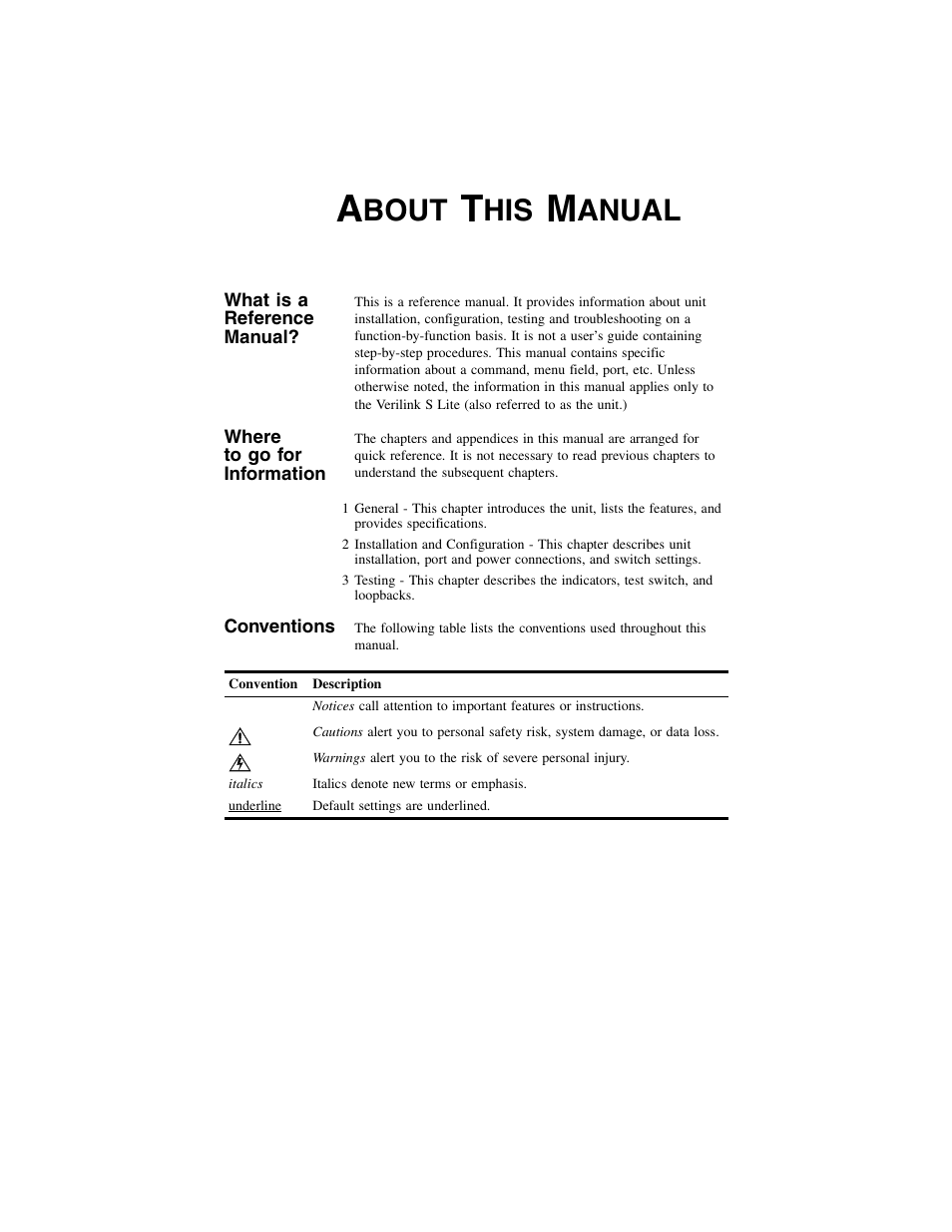 What is a reference manual, Where to go for information, Conventions | About, This, Manual, Bout, Anual | Verilink S Lite (34-00297.2) Product Manual User Manual | Page 7 / 16