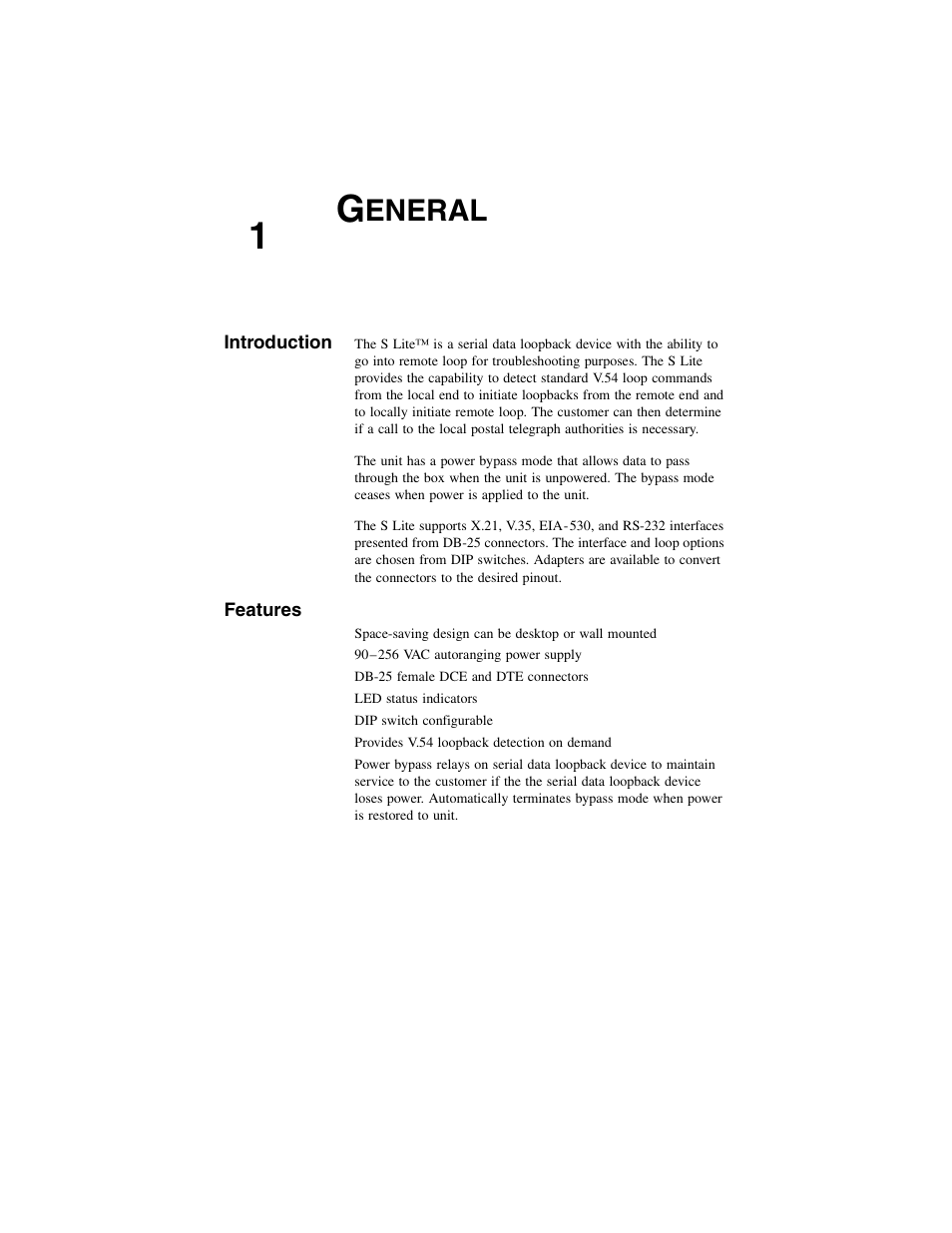 Introduction, Features, 1 general | Introduction features, Eneral | Verilink S Lite (34-00297.2) Product Manual User Manual | Page 9 / 16