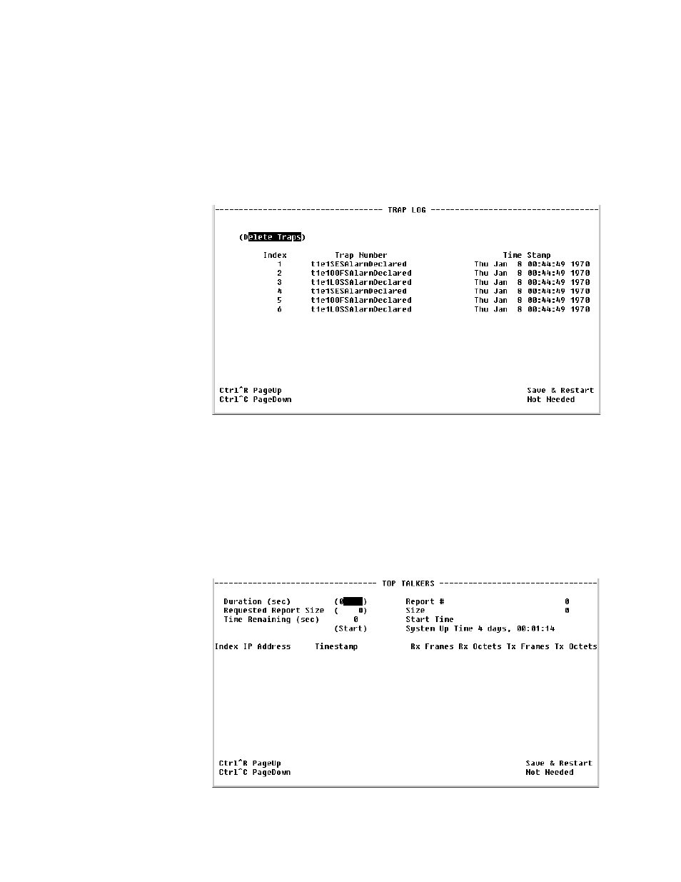 Trap log screen, Top talkers screen, Trap log screen -57 top talkers screen -57 | Verilink WANsuite 5130 (34-00298.L) Product Manual User Manual | Page 185 / 263