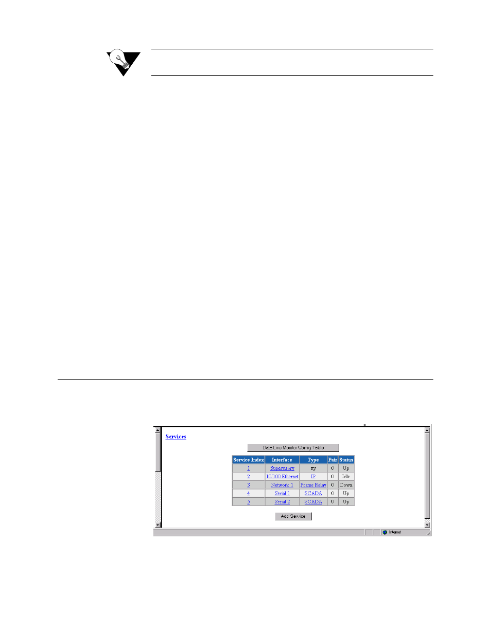 Current pin status, Dtr alarm control and status table, Services screen | Services screen -19 | Verilink WANsuite 5130 (34-00298.L) Product Manual User Manual | Page 51 / 263