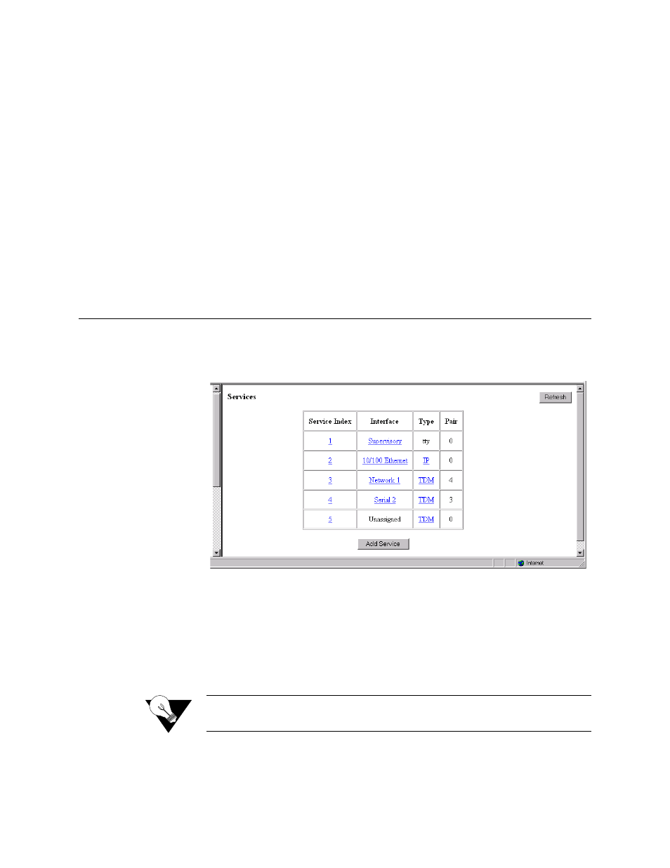 Current pin status, Dtr alarm control and status table, Services screen | Adding a service, Services screen -17, Adding a service -17 | Verilink WANsuite 5230 (34-00304.F) Product Manual User Manual | Page 47 / 233