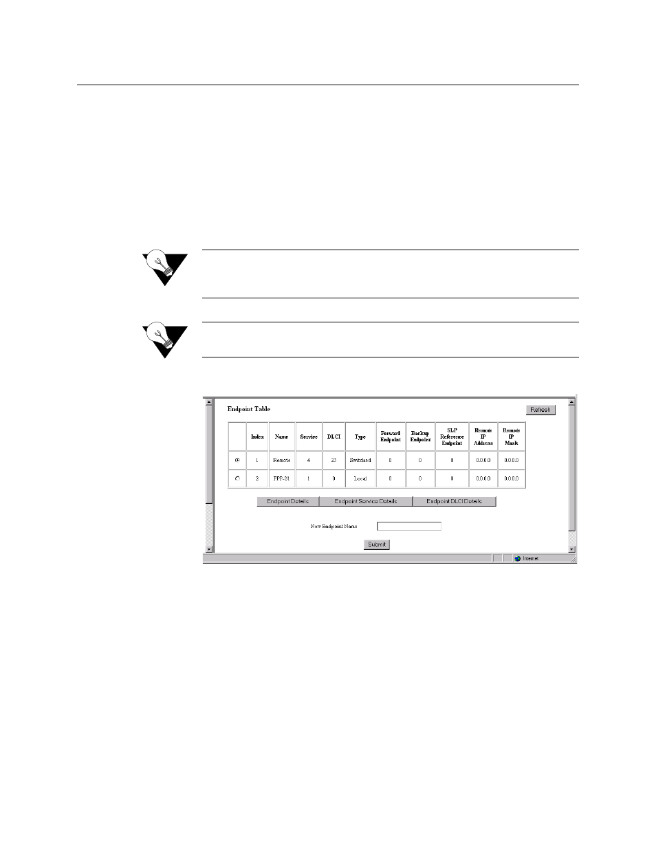 Applications, Endpoint table screen, Endpoint details screen | Applications -28, Endpoint table screen -28, Endpoint details screen -28 | Verilink WANsuite 5330 (34-00302.F) Product Manual User Manual | Page 56 / 135