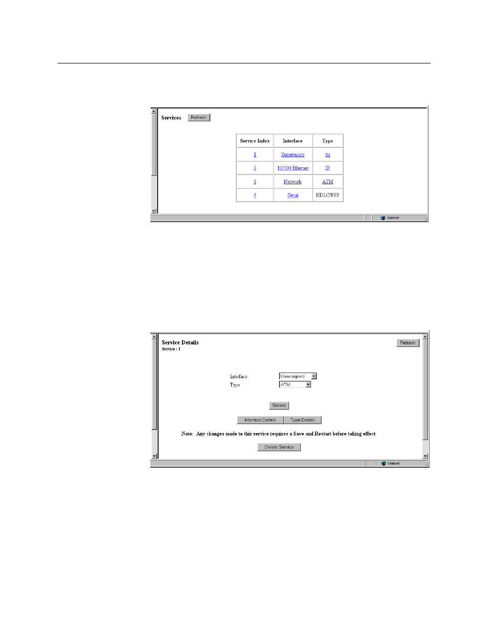 Services screen, Service details screen, Services screen -27 | Service details screen -27 | Verilink WANsuite 6x30 (34-00315.B) Product Manual User Manual | Page 55 / 181