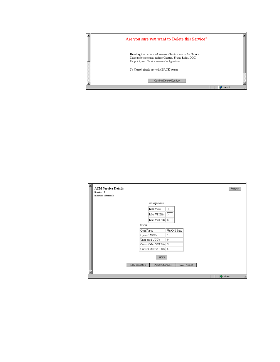 Ip service details screen, Atm service details screen | Verilink WANsuite 6x30 (34-00315.B) Product Manual User Manual | Page 57 / 181