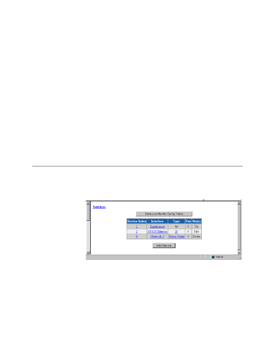 Dtr alarm control and status table, Services screen, Dtr alarm control and status table -22 | Services screen -22 | Verilink WANsuite 7105 (34-00316.C) Product Manual User Manual | Page 54 / 255