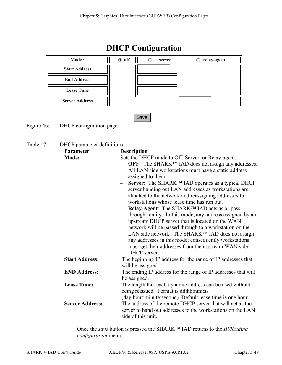 Igure, Dhcp, Able | Parameter definitions, Dhcp configuration | Verilink XEL XSP-100 SHARK IAP (9SA-USRS-9.0R1.02) Product Manual User Manual | Page 103 / 262